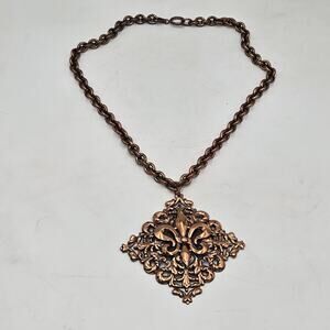 Vintage Fleur De Lis All Copper Thick Chunky Mid Century Statement Necklace 18"